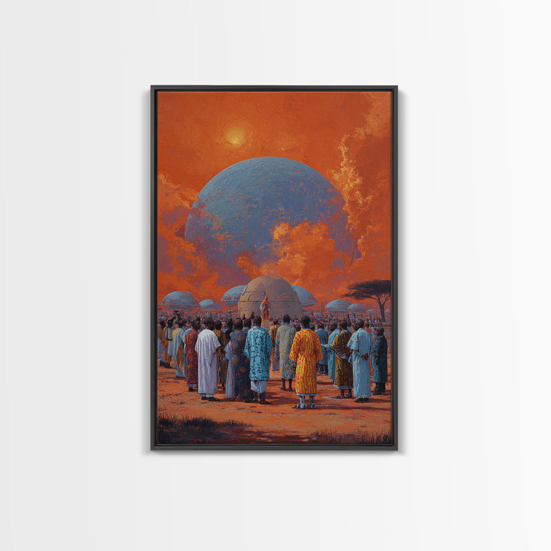Afrofuturist Gathering Beneath Blue Planet Wall Art, African Culture Canvas Print, Orange Sky Village Home Decor Gift For Her