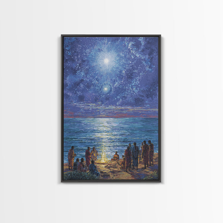 Moonlit Ocean Gathering At Shore Wall Art, African People Canvas Print, Blue Spiritual Nature Scene Decor For Living Room