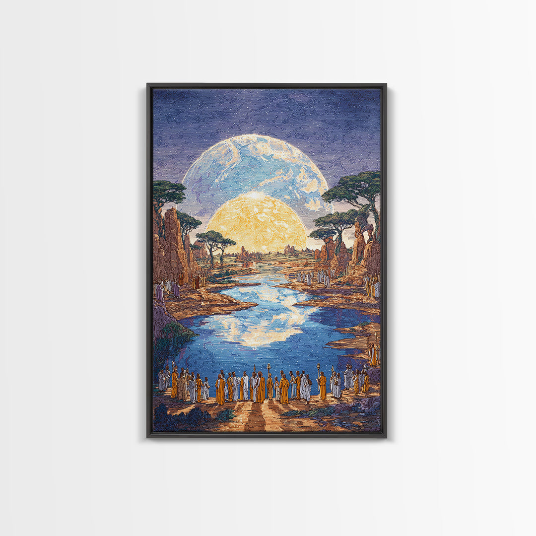 Sacred River Valley With Twin Moons Wall Art, African Landscape Canvas Print, Safari Inspired Cultural Home Decor Gift For Him