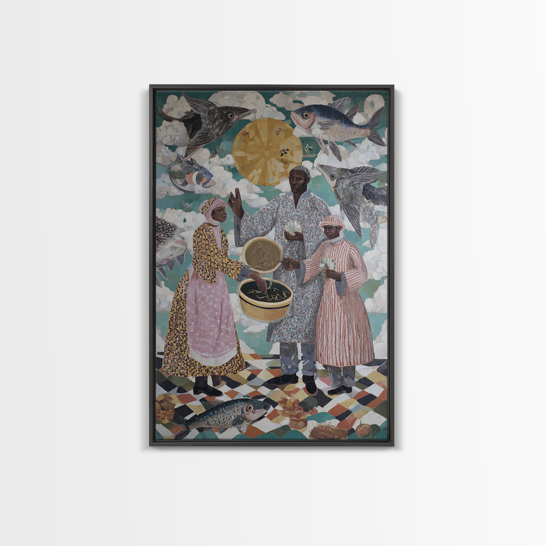 Surreal Fish Sky Ceremony With Family Wall Art, African Culture Canvas Print, Whimsical Kitchen Decor And Unique Gift For Home