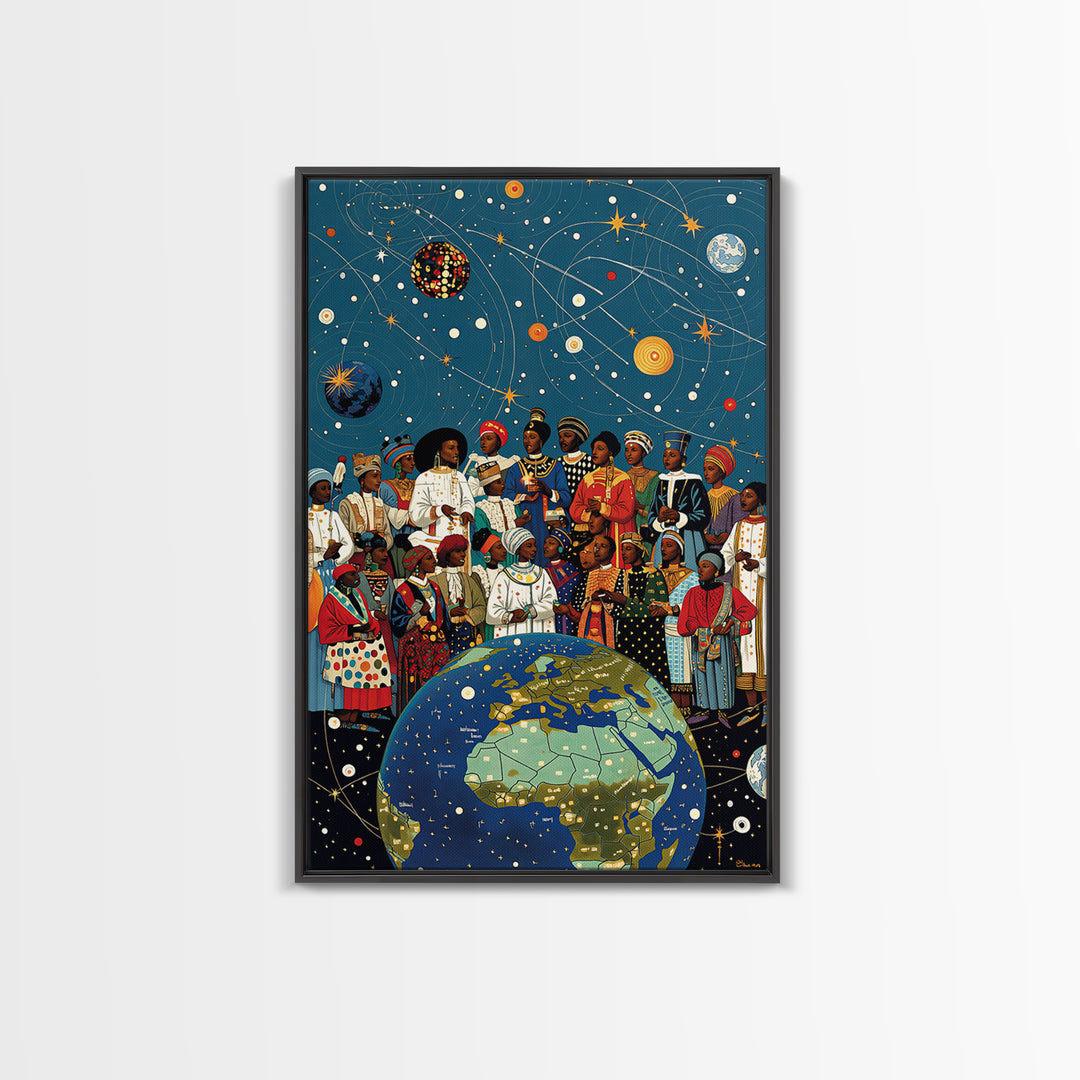African Diaspora Under Celestial Orbits Wall Art, Afrocentric Canvas Print, Black Culture Artwork And Earth Map Decor Gift