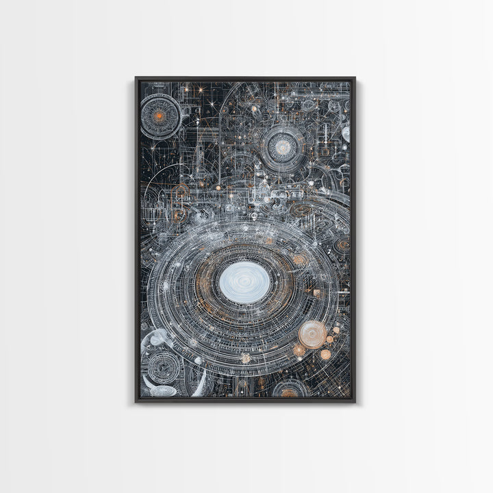Futuristic Cosmic Circuit Mandala Canvas Print, Abstract Wall Art, Modern Office Decor, Geometric Sci Fi Galaxy Blueprint Digital Art