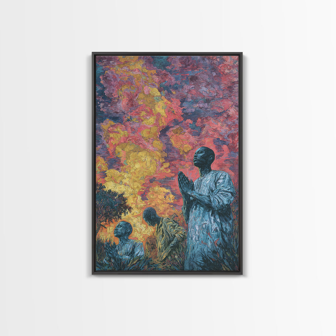 Praying African Men Beneath Fiery Sky Framed Canvas Print, Spiritual Wall Art, Black Culture Art, Meaningful Home Decor Gift