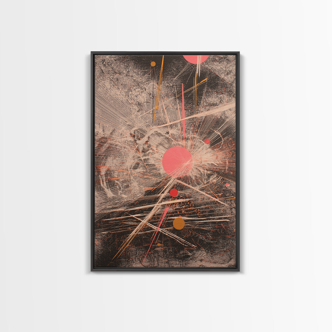 Coral Circles And Fine Lines Abstract Canvas Print, Geometric Wall Art, Modern Office Decor, Minimalist Black Art Gift For Her