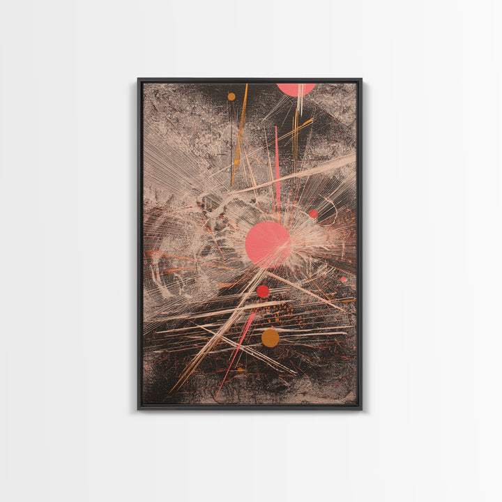 Coral Circles And Fine Lines Abstract Canvas Print, Geometric Wall Art, Modern Office Decor, Minimalist Black Art Gift For Her