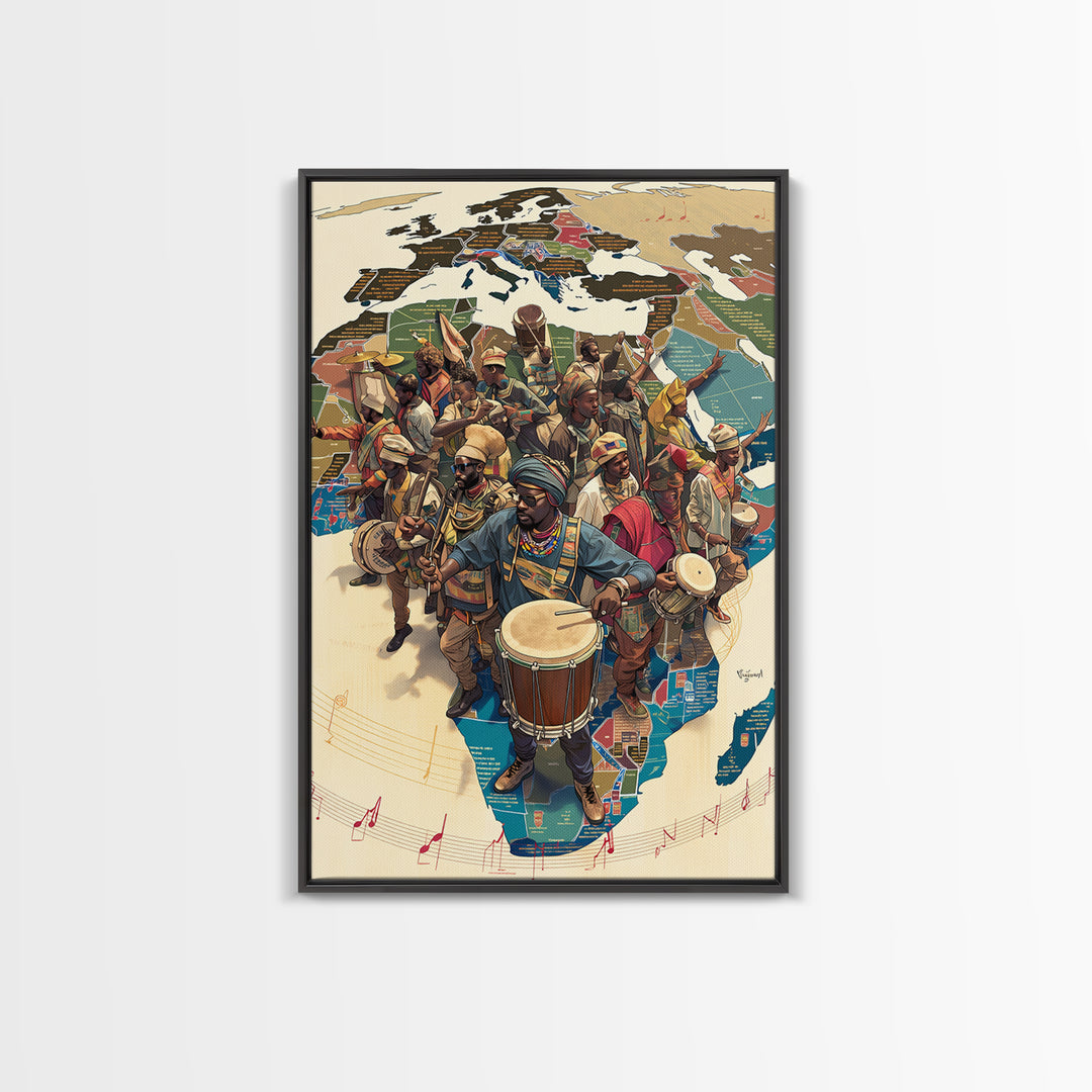 African Musicians Over Motherland Map Framed Canvas Print, African Culture Art, Afrocentric Wall Art, Vibrant Home Decor