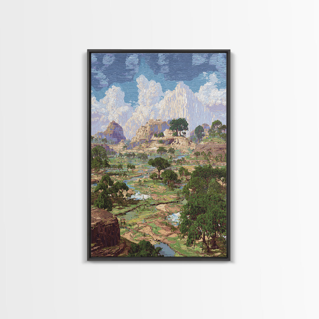 Ancient African Valley With River And Mountains Wall Art, Serengeti Landscape Print, Nature Scene Home Decor, Dreamy Canvas