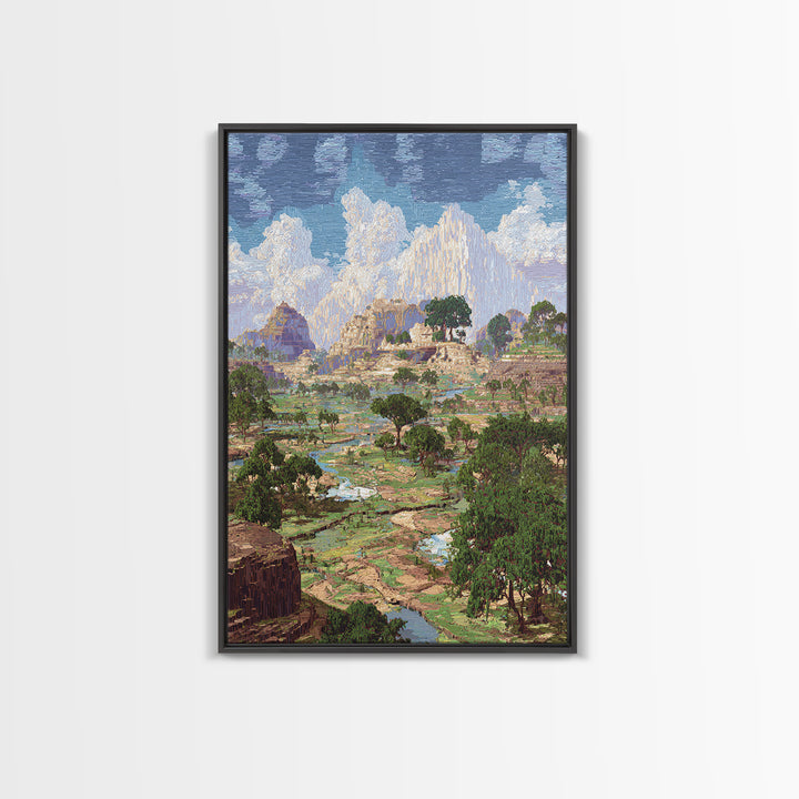 Ancient African Valley With River And Mountains Wall Art, Serengeti Landscape Print, Nature Scene Home Decor, Dreamy Canvas
