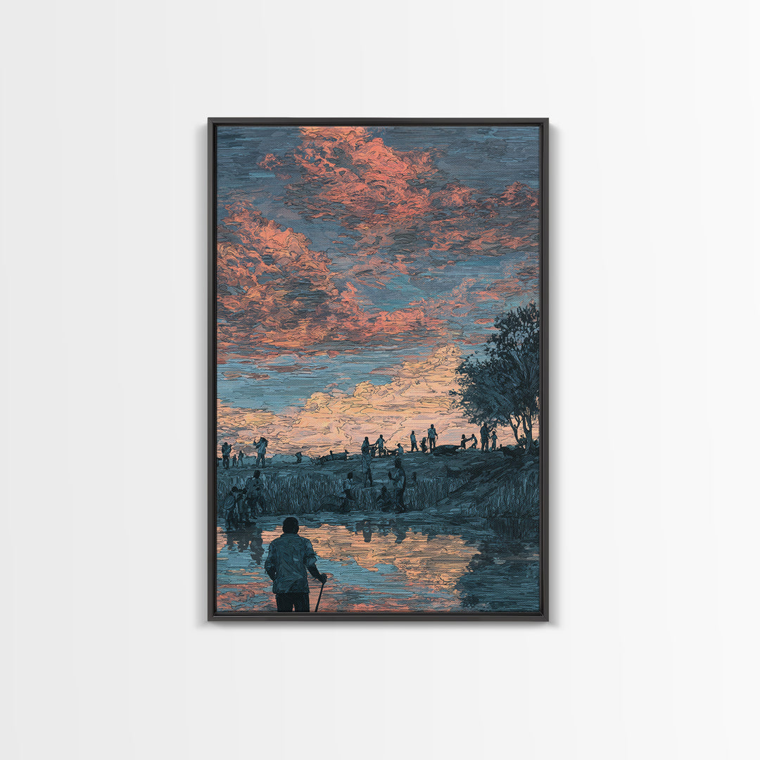 Pastoral African Sunset River Scene Canvas Print, Nature Wall Decor, Cultural Landscape Art, Earth Tone Living Room Decor