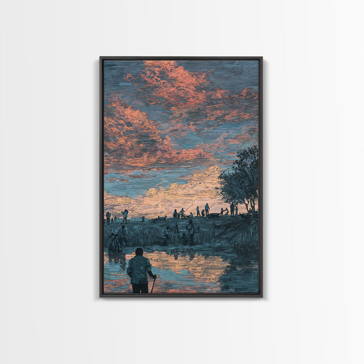 Pastoral African Sunset River Scene Canvas Print, Nature Wall Decor, Cultural Landscape Art, Earth Tone Living Room Decor