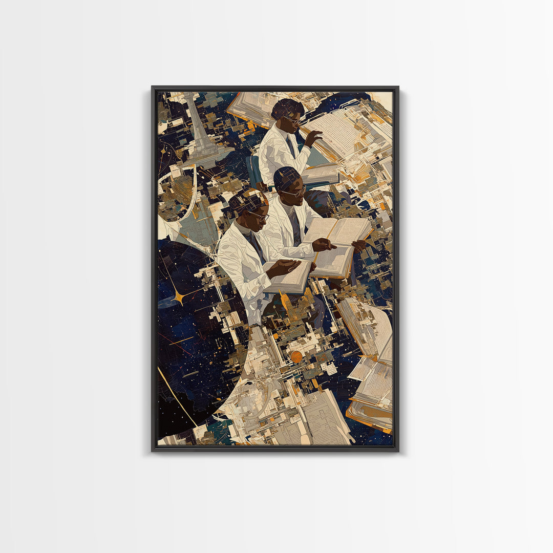 Black African Scholars Reading Floating Books Wall Art, Afrofuturism Decor, Black History Gift, Modern Cultural Canvas Print