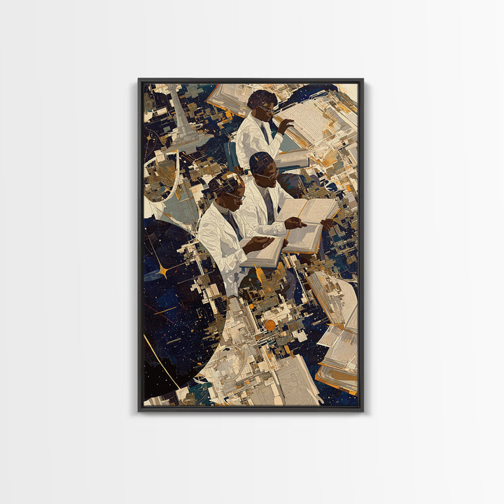 Black African Scholars Reading Floating Books Wall Art, Afrofuturism Decor, Black History Gift, Modern Cultural Canvas Print