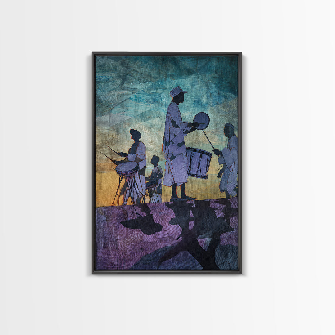 Silhouetted African Drummers At Twilight Framed Canvas Print, Afrocentric Wall Decor, Cultural Music Art, Tribal Home Decor