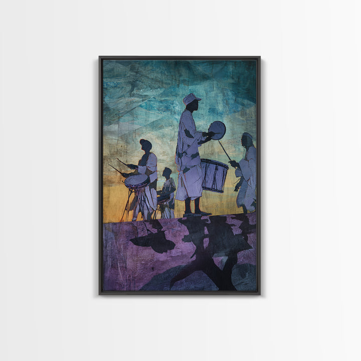 Silhouetted African Drummers At Twilight Framed Canvas Print, Afrocentric Wall Decor, Cultural Music Art, Tribal Home Decor