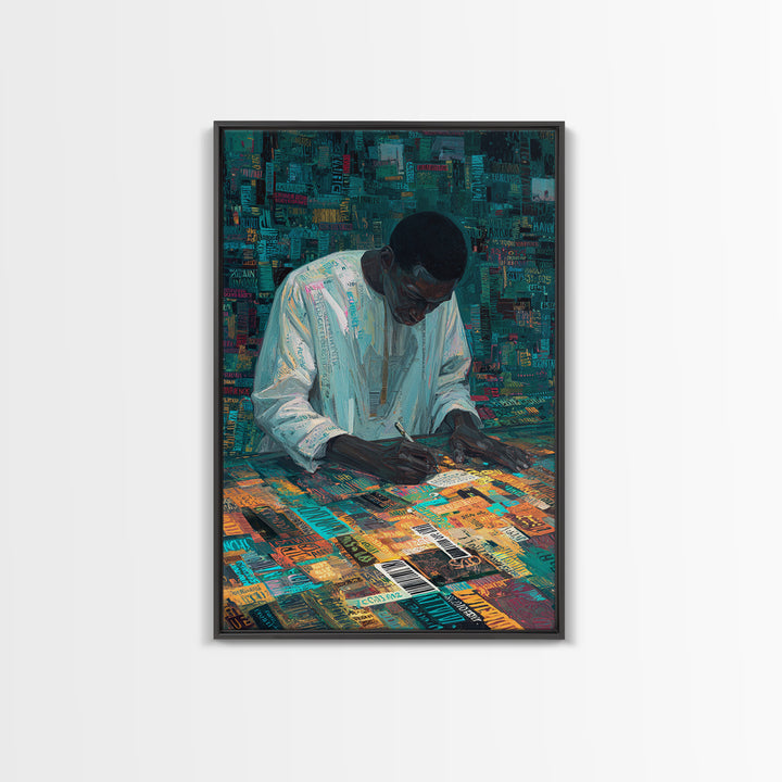 Focused Writer At Colorful Desk Framed Canvas Print, Black Man Wall Art, African American Art, Office Decor, Creative Gift
