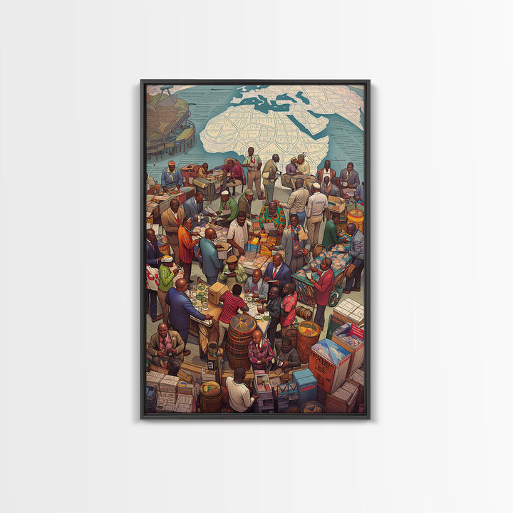 Busy African Market Scene With Map Wall Art, African Culture Art, West African Art, Black People Art, Living Room Decor, Gift