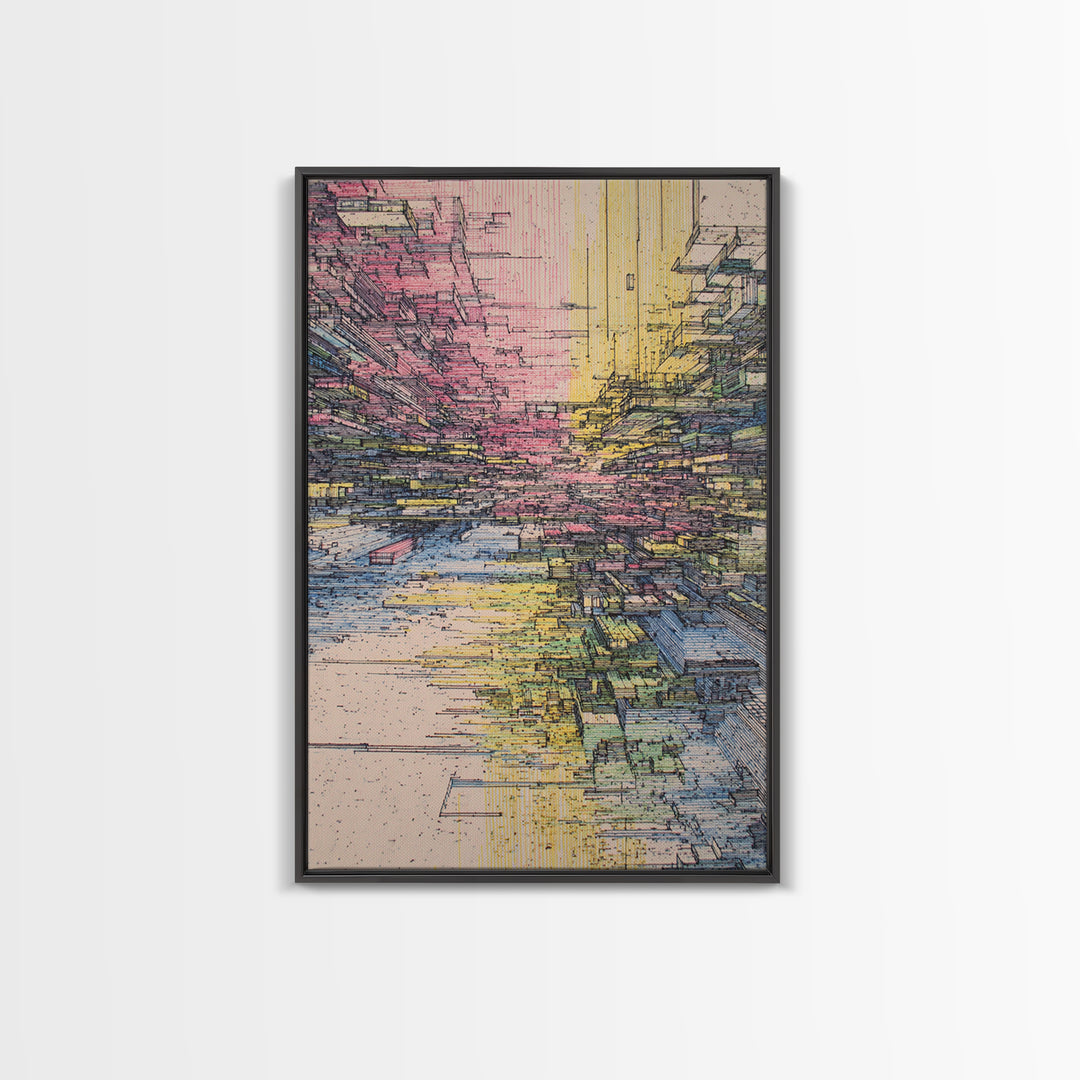 Futuristic Abstract City Canyon Framed Canvas Print, Modern Urban Wall Art, Geometric Architecture, Colorful Office Decor