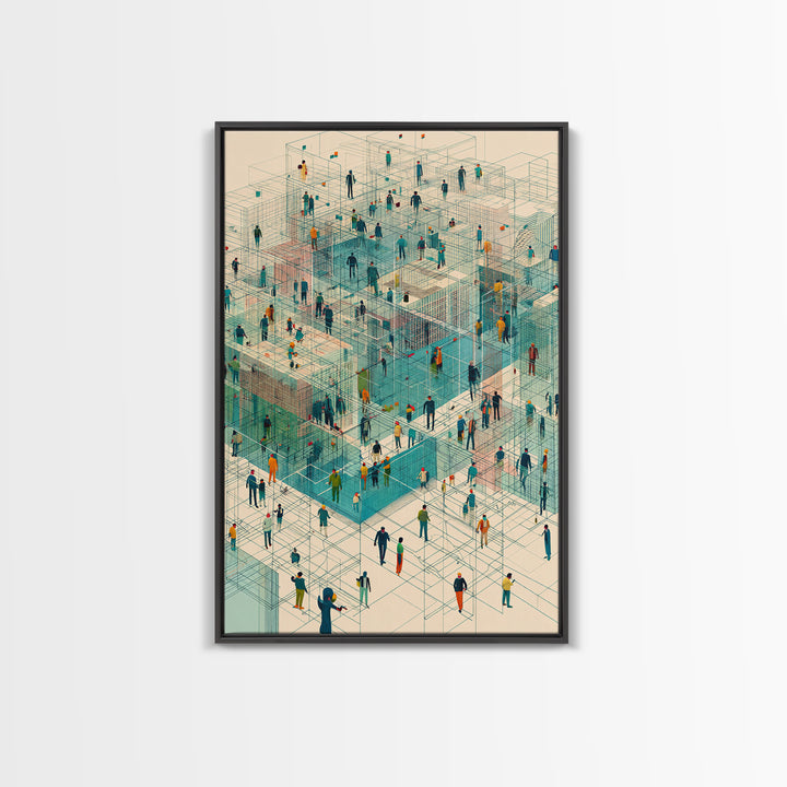 Isometric People In Wireframe City Wall Art, Modern Geometric Canvas Print, Abstract Urban Network, Unique Office Decor, Tech Inspired