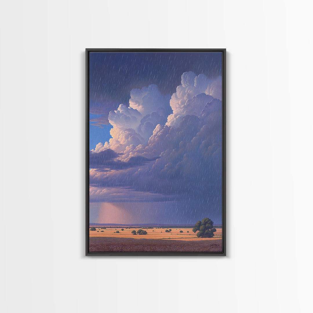 Rainstorm Over African Savanna Canvas Print, Dramatic Cloud Wall Art, Safari Landscape Decor, Dreamy Nature Scene Gift, Blue Sky
