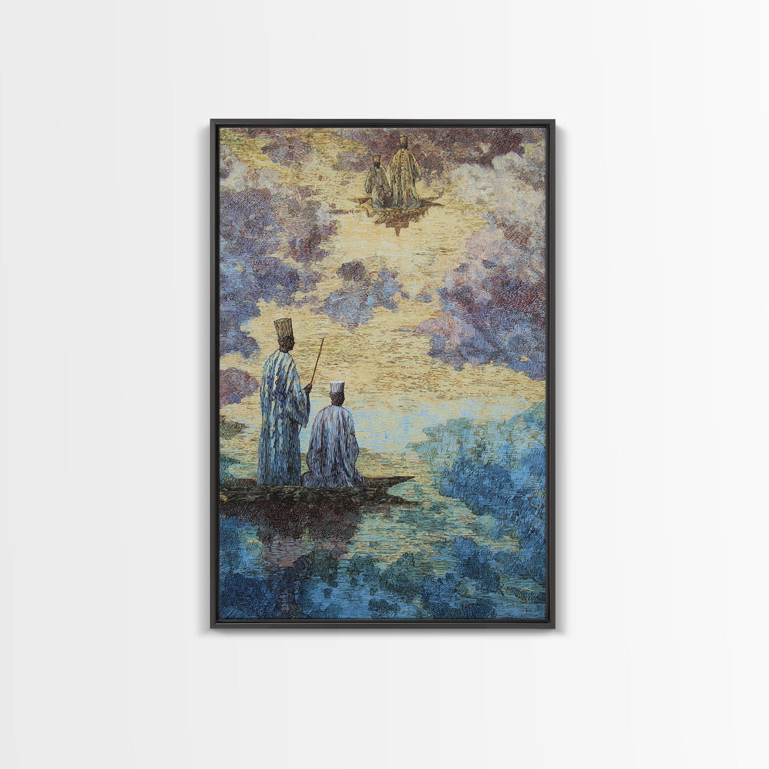 Two Robed Figures On Mystical Water Canvas Print, African Story Wall Art, Dreamy Cultural Landscape, Spiritual Home Decor