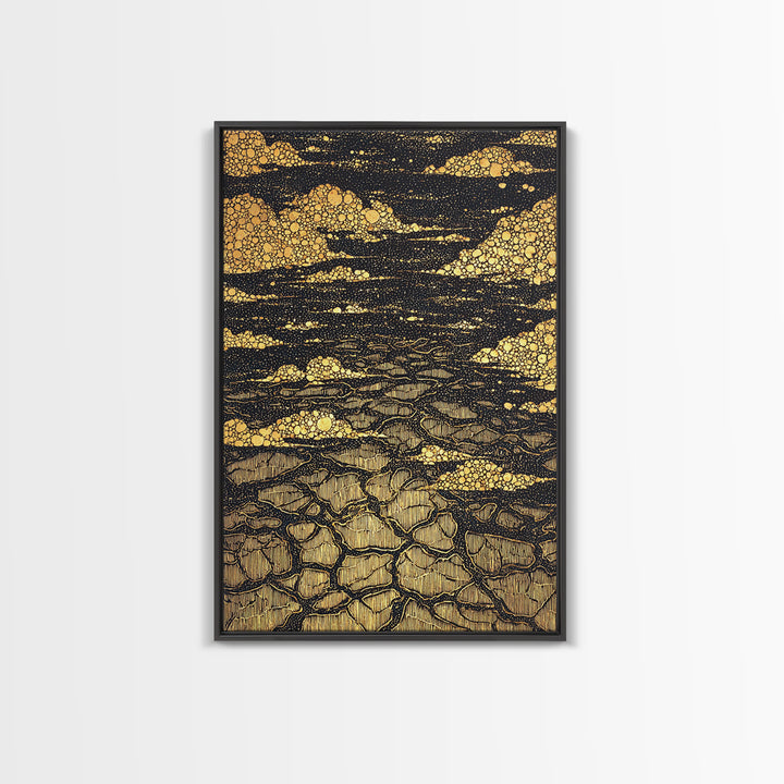 Black And Gold Cracked Earth Abstract Wall Art, Luxury Canvas Print, Textured Desert Landscape, Bold Statement Home Decor