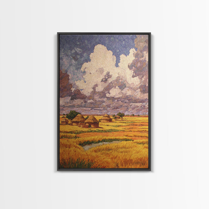 Golden African Village Under Towering Clouds Wall Art, Savannah Landscape, Rustic Home Decor, Afrocentric African Art Print