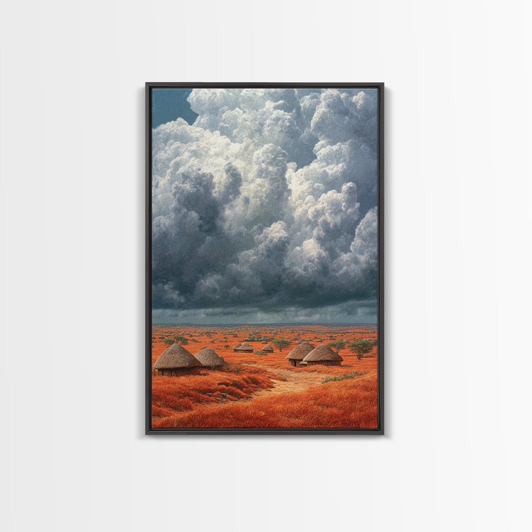 Red African Village Beneath Dramatic Storm Clouds Framed Canvas Print, Safari Landscape Wall Art, Earth Tone Home Decor Gift