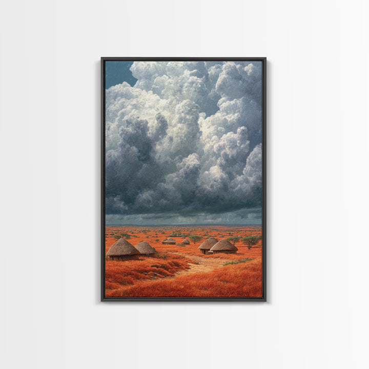 Red African Village Beneath Dramatic Storm Clouds Framed Canvas Print, Safari Landscape Wall Art, Earth Tone Home Decor Gift