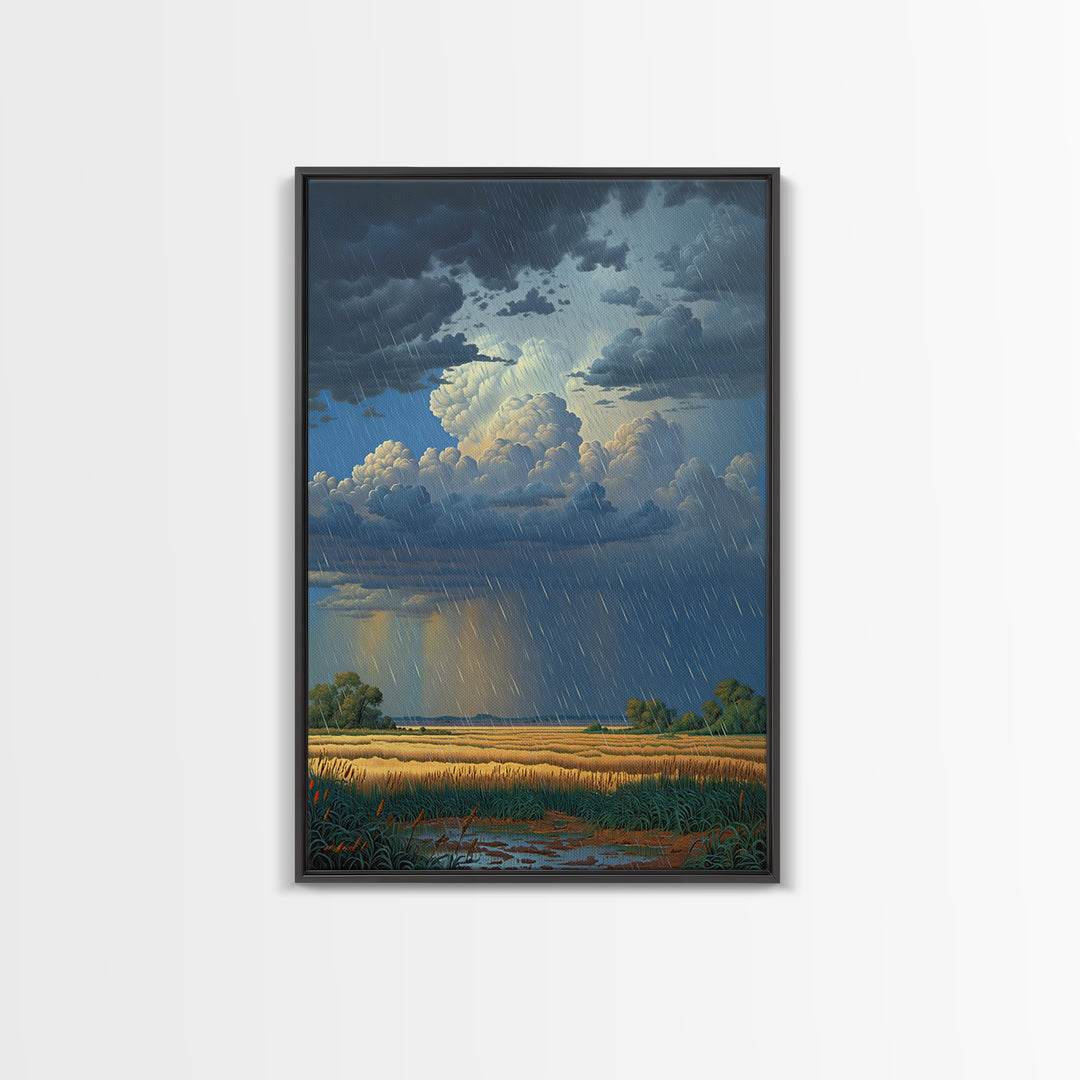 Rain Swept African Plain With Golden Fields Canvas Print, Stormy Landscape Wall Art, Safari Decor, Dramatic Office Art Gift