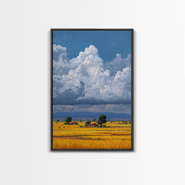 Sunlit African Farmland With Puffy White Clouds Wall Art, Landscape Canvas Print, Rustic Decor, Housewarming Gift For Her
