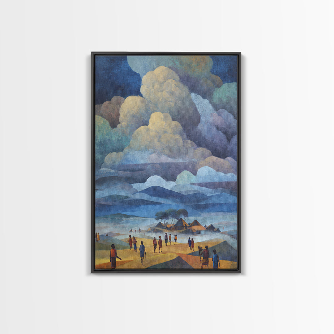 African Village Beneath Blue Storm Clouds Framed Canvas Print, Landscape Wall Decor, Cultural Home Decor, Afrocentric Art