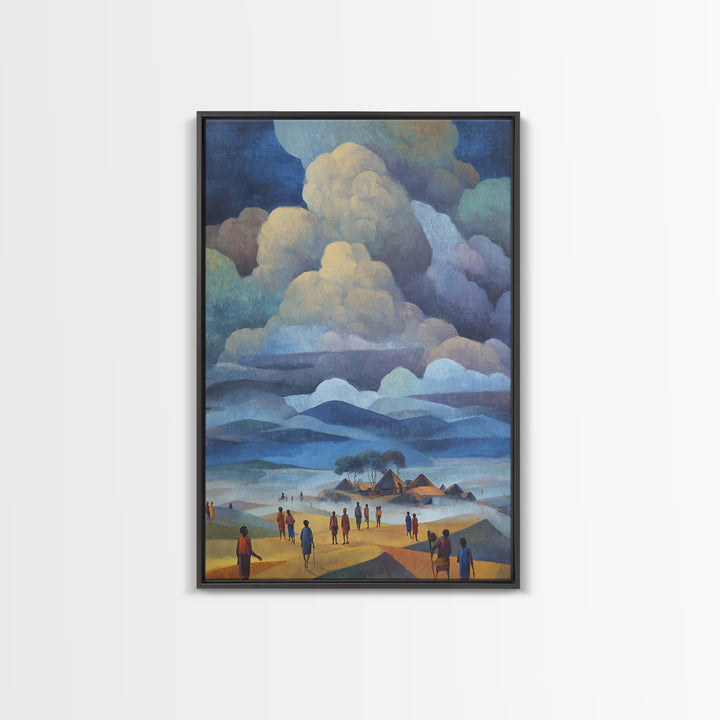 African Village Beneath Blue Storm Clouds Framed Canvas Print, Landscape Wall Decor, Cultural Home Decor, Afrocentric Art