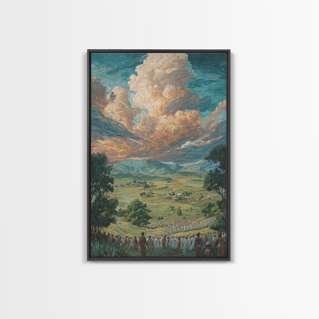 African Valley Procession Under Radiant Clouds Canvas Print, Panoramic Landscape Wall Decor, Safari Art, Cultural Gift For Home