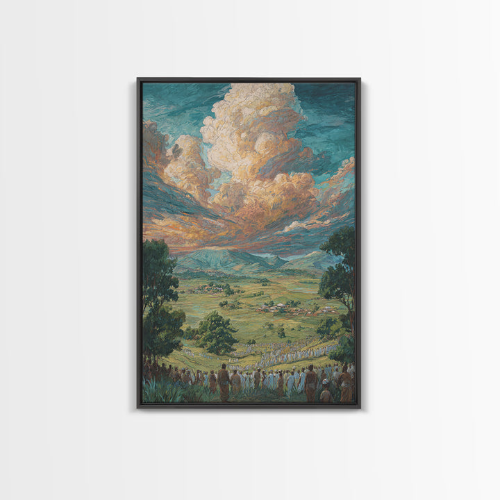 African Valley Procession Under Radiant Clouds Canvas Print, Panoramic Landscape Wall Decor, Safari Art, Cultural Gift For Home
