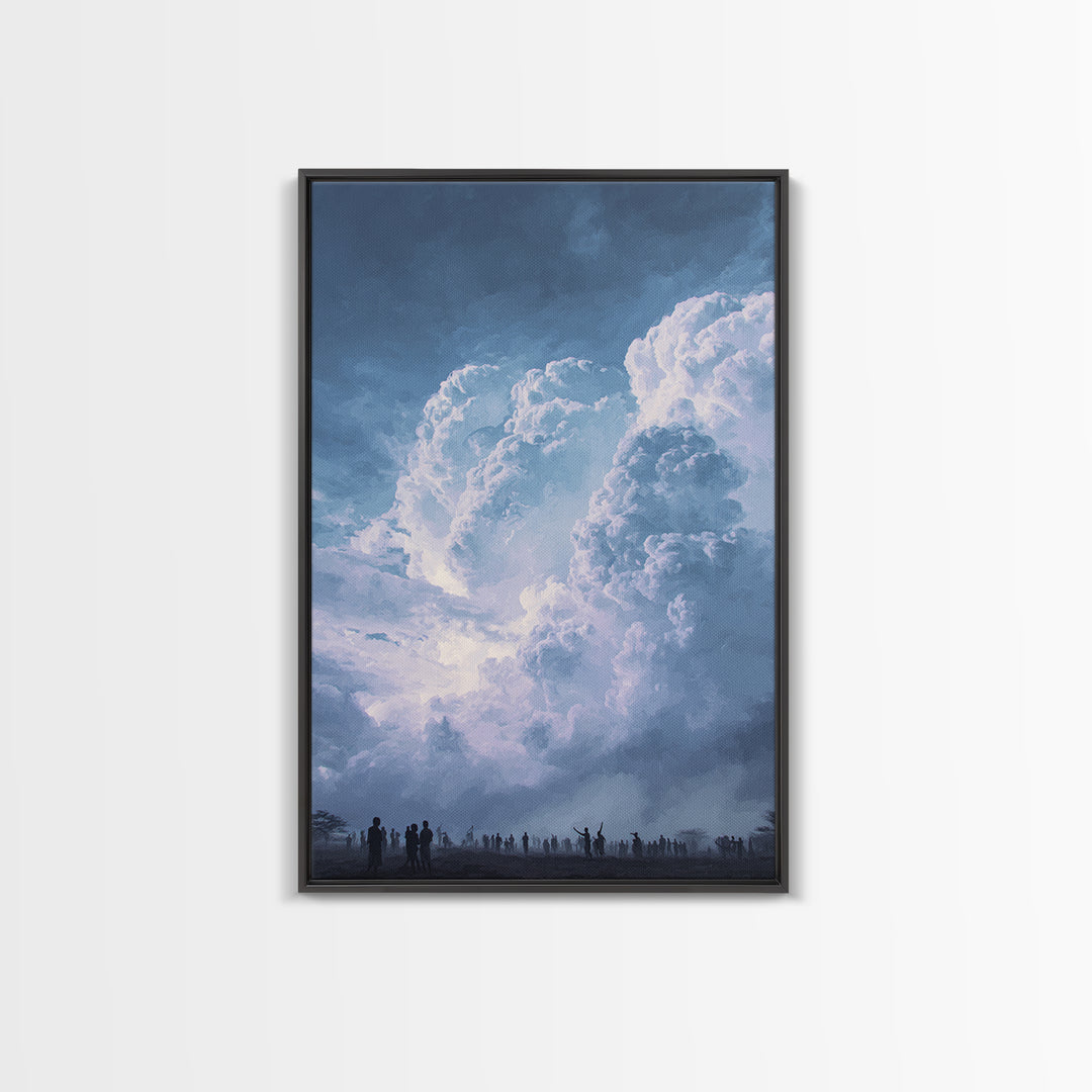 Towering White Storm Clouds Over African Horizon Framed Canvas Print, Dramatic Blue Wall Decor, Spiritual Afrocentric Art