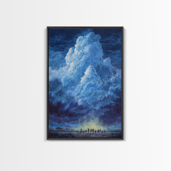 Deep Blue Thundercloud Over African Crowd Canvas Print, Dramatic Storm Sky Wall Decor, Spiritual Safari Art, Statement Gift