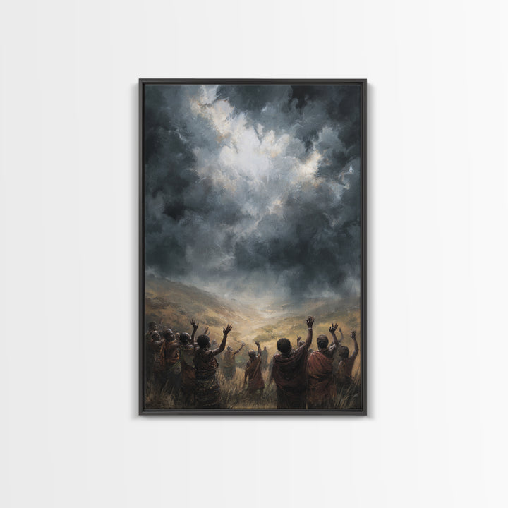 African Villagers Raising Hands To Dark Storm Sky Wall Art, Dramatic Spiritual Canvas, Cultural Decor, Black Art Gift For Home