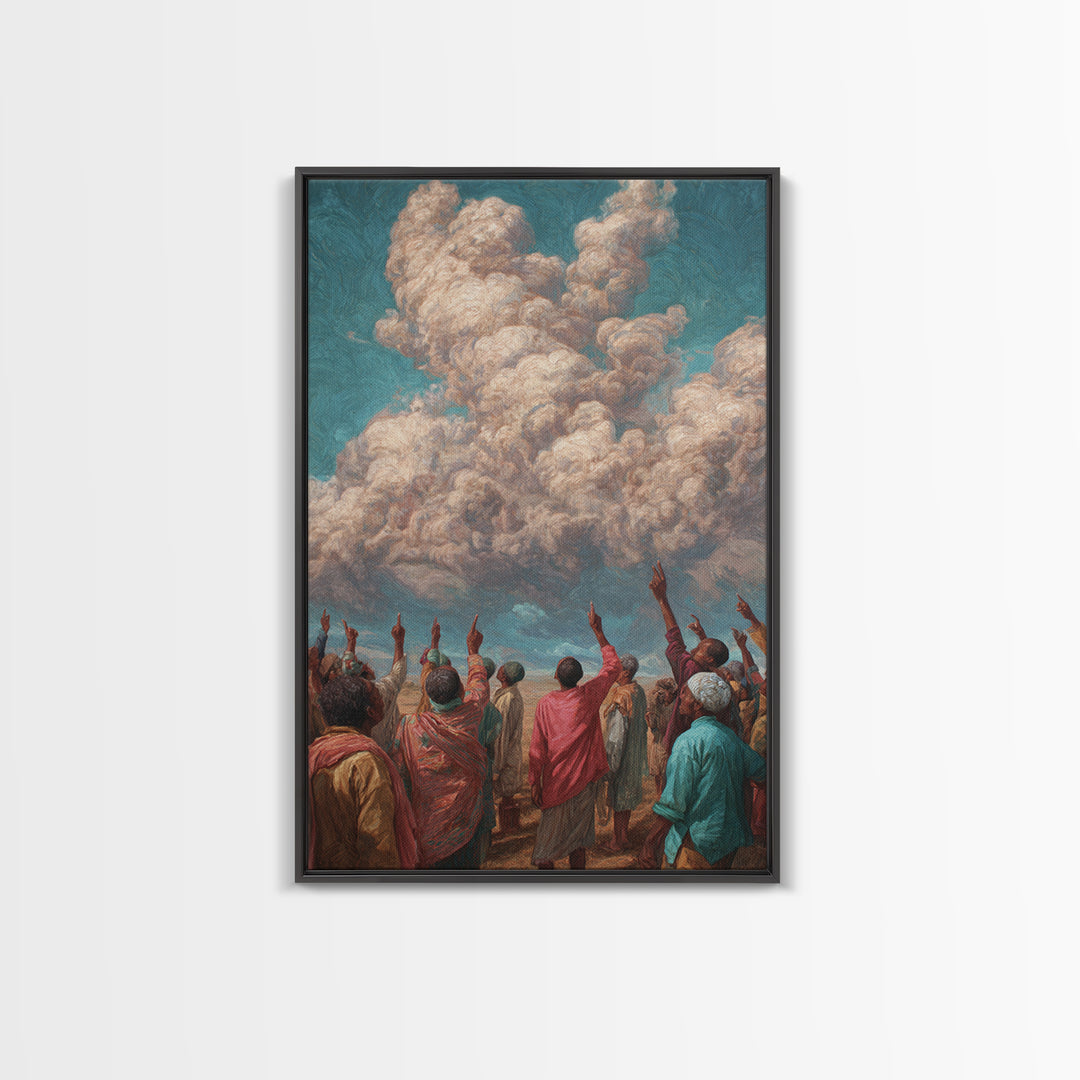 African Gathering Pointing To Rose Clouds Canvas Print, Colorful Cultural Wall Decor, Afrocentric Home Art, Unique Gift Idea