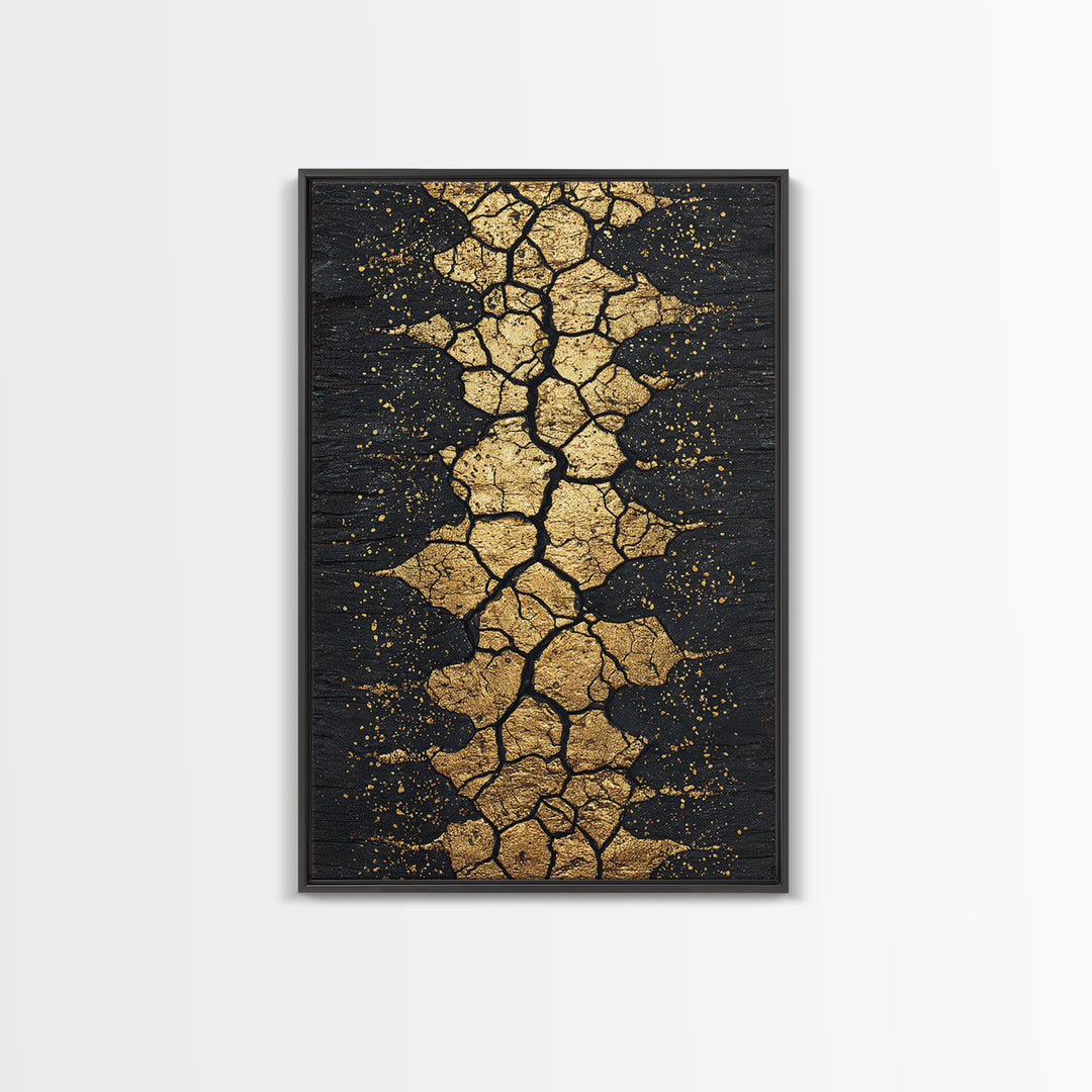 Gold Cracked Earth Africa Inspired Abstract Wall Art, Black And Gold Canvas Decor, Modern Afrocentric Texture, Luxury Gift