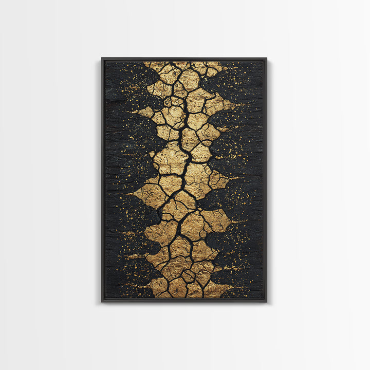 Gold Cracked Earth Africa Inspired Abstract Wall Art, Black And Gold Canvas Decor, Modern Afrocentric Texture, Luxury Gift