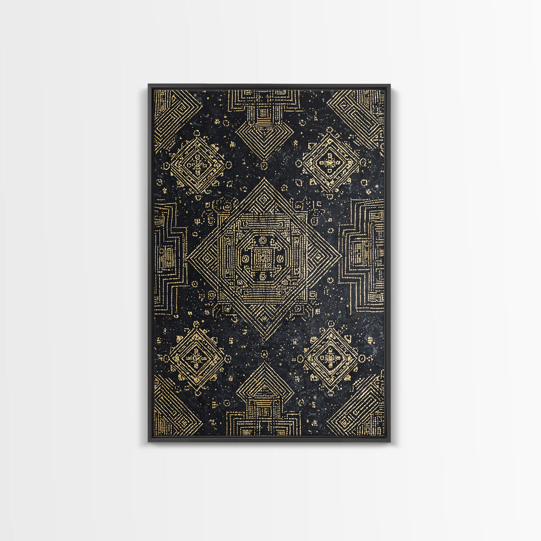 Black And Gold Sacred Geometric Pattern Framed Canvas Print, African Tribal Art, Luxury Wall Art, Spiritual Home Decor Gift