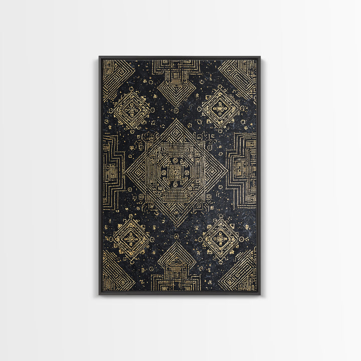 Black And Gold Sacred Geometric Pattern Framed Canvas Print, African Tribal Art, Luxury Wall Art, Spiritual Home Decor Gift