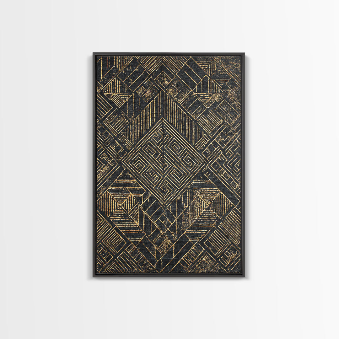Black Gold Geometric Kuba Pattern Wall Art, African Tribal Decor, Mud Cloth Inspired Canvas, Modern Ethnic Home Decor, Gallery Print