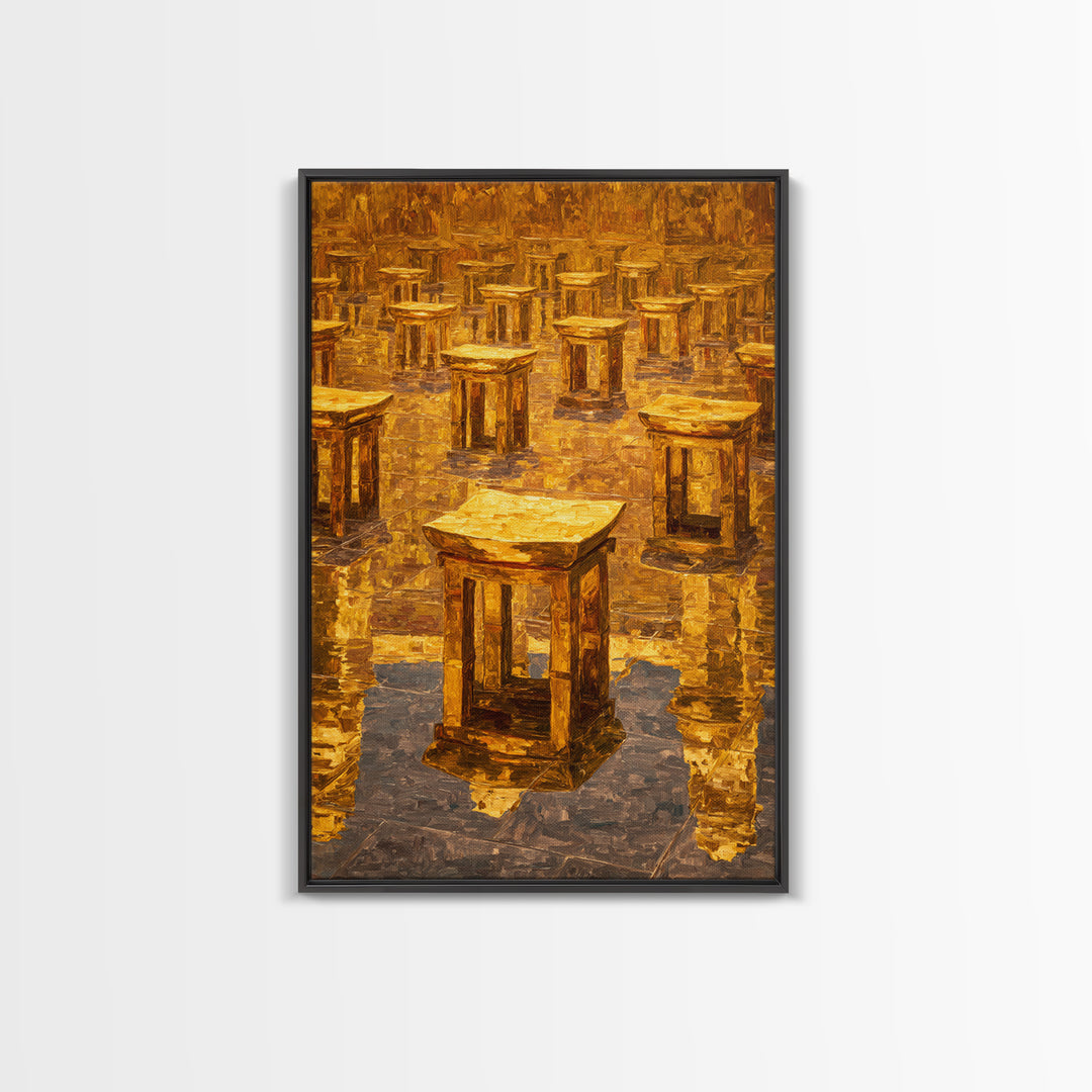 Golden Ancestral Stools In Reflective Hall Framed Canvas Print, African Decor, Cultural Wall Art, Warm Ochre Home Decor Gift