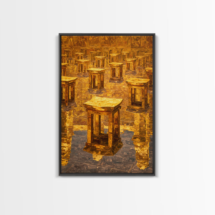 Golden Ancestral Stools In Reflective Hall Framed Canvas Print, African Decor, Cultural Wall Art, Warm Ochre Home Decor Gift
