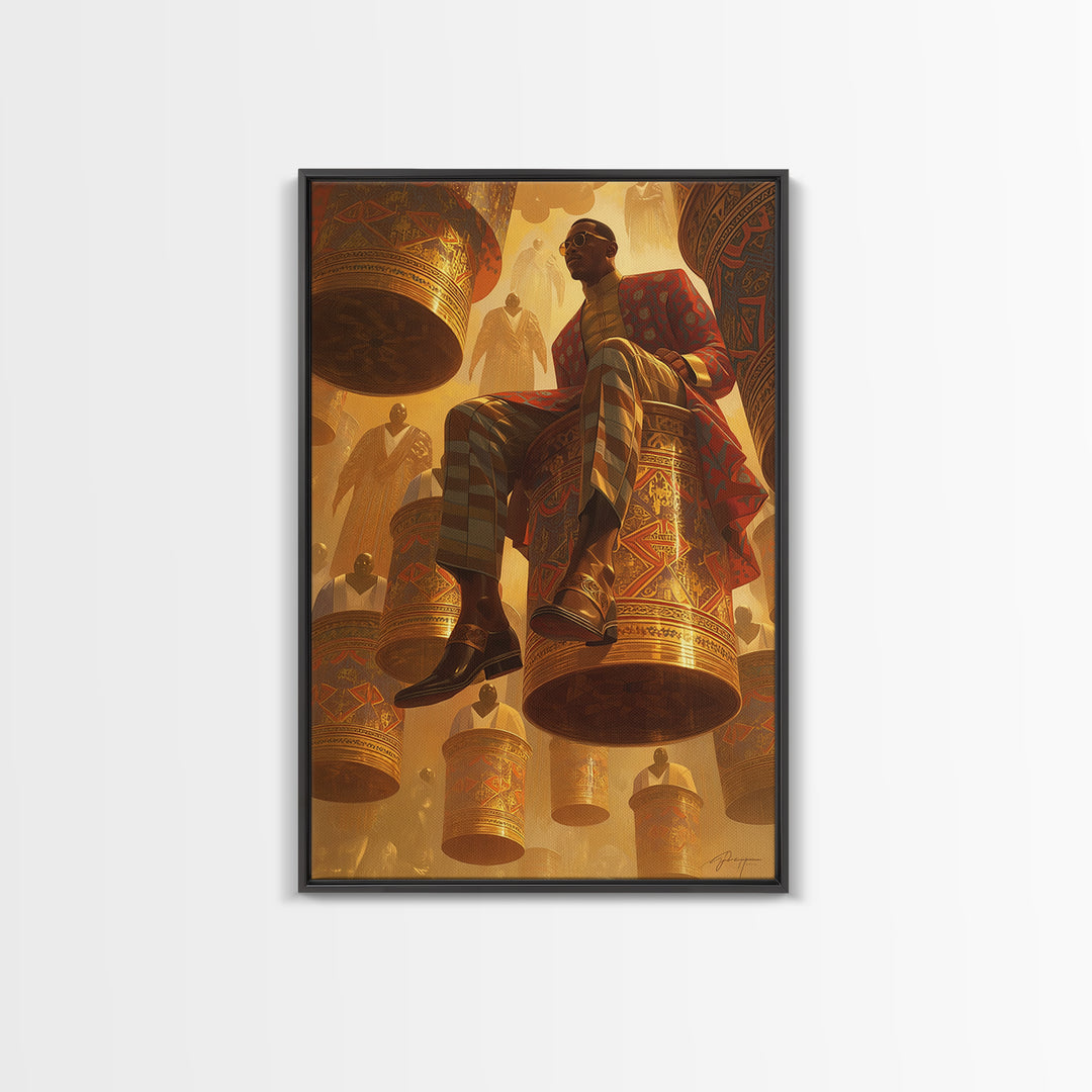 Afrofuturist Man Seated On Floating Drums Canvas Print, African Ankara Art, Regal Black Culture Wall Decor, Bold Gift For Him