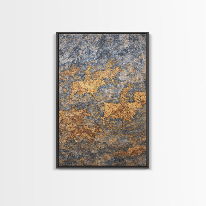 Golden Cattle Herders Etched On Blue Stone Wall Art, African Safari Art, Pastoral Tribal Canvas, Cultural Home Decor, Unique Gift