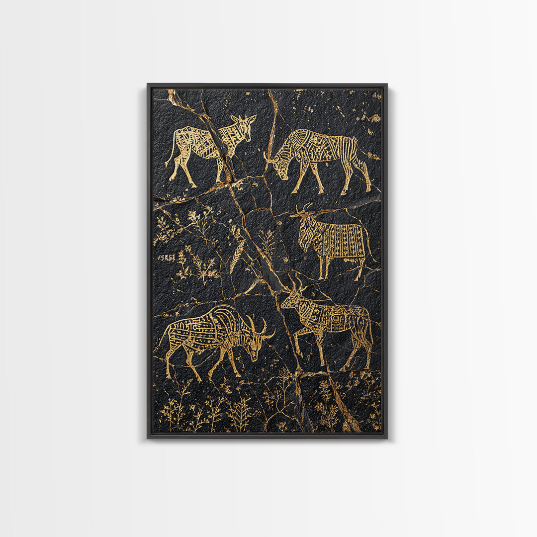 Black Gold Tribal Animal Petroglyph Canvas Print, African Safari Art, Antelope And Zebra Wall Decor, Ancient Rock Art Print