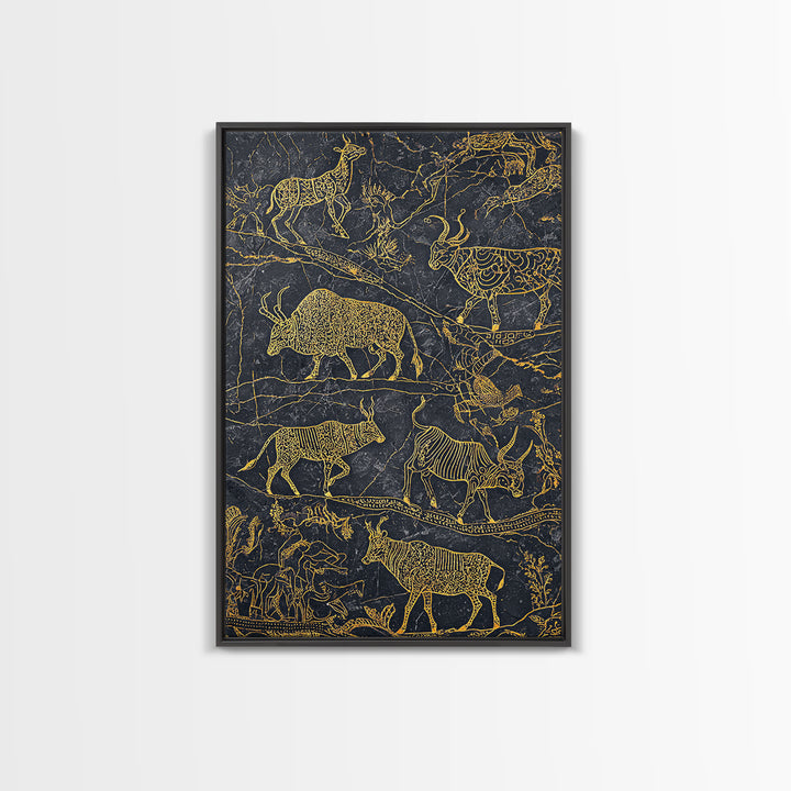 Gold Line Savanna Wildlife Migration Wall Art, African Animal Art, Tribal Antelope Canvas, Black Gold Safari Decor, Statement Gift