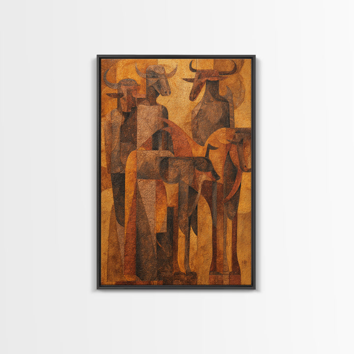 Cubist Cattle Spirits In Burnt Orange Canvas Print, African Abstract Art, Tribal Bull Wall Decor, Modern Gallery Gift For Home